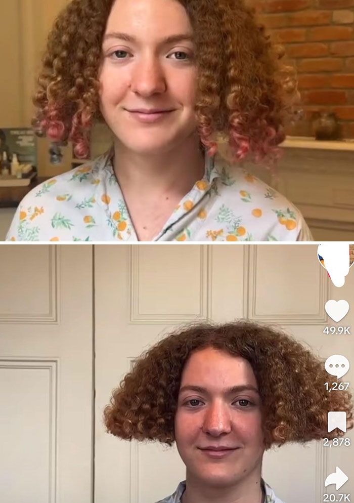 Mujer con cabello rizado mostrando un error de salón de belleza que causa arrepentimiento y disgusto en su peinado.