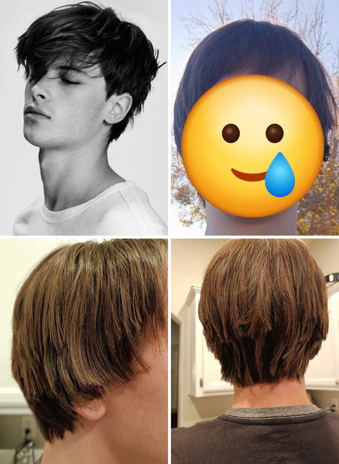 Personas con cortes de cabello que muestran arrepentimiento y disgusto tras salir del salón de belleza.