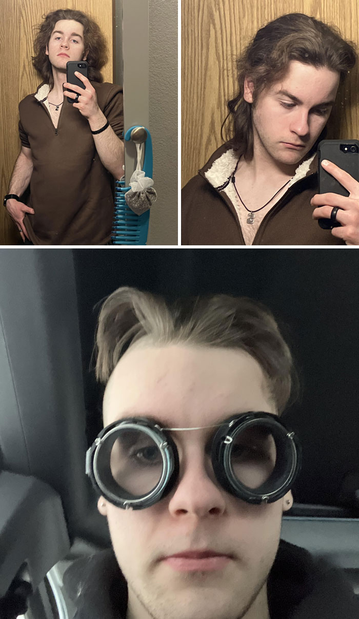Joven con cambio de look inesperado y arrepentido tras visita al salón de belleza en tres fotos diferentes.