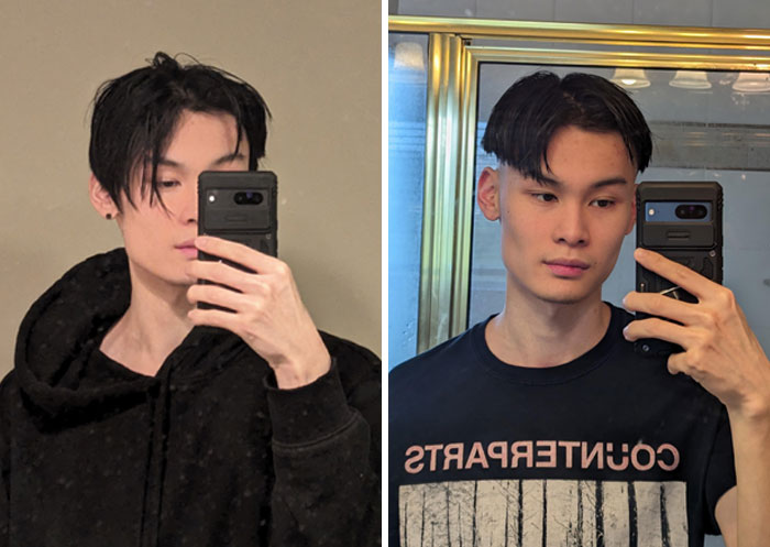Persona mostrando un antes y después del salón de belleza con cambio de peinado que causa arrepentimiento.