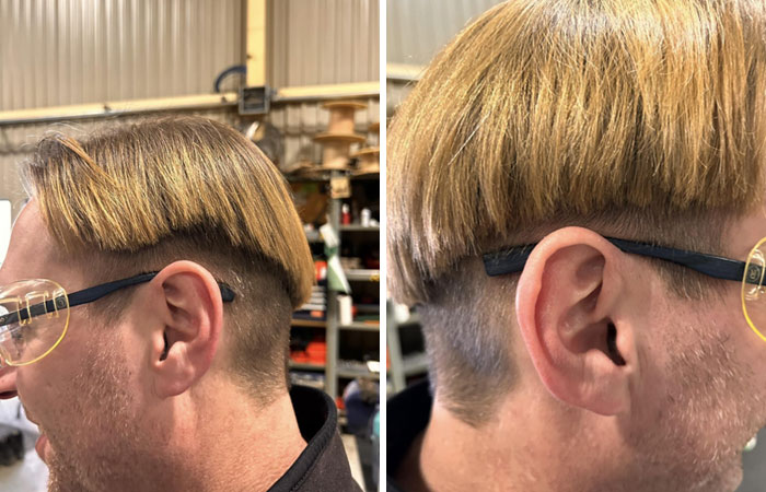 Hombre con corte de cabello desastroso y mal hecho en salón de belleza, mostrando arrepentimiento y disgusto.