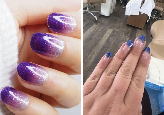 Uñas con degradado morado que muestran el contraste entre diseño esperado y resultado decepcionante en salón de belleza.
