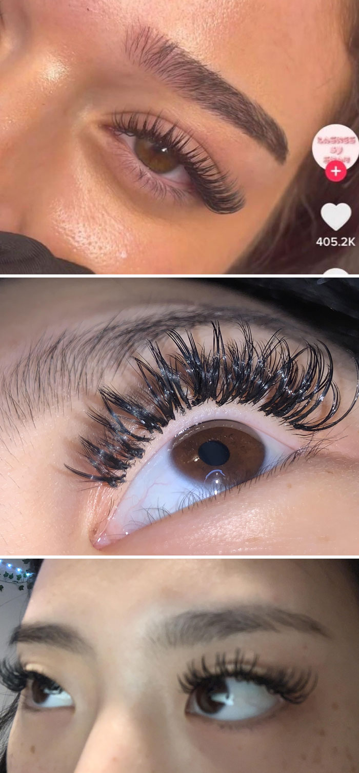 Primer plano de pestañas con extensiones muy mal aplicadas generando arrepentimiento en salón de belleza.