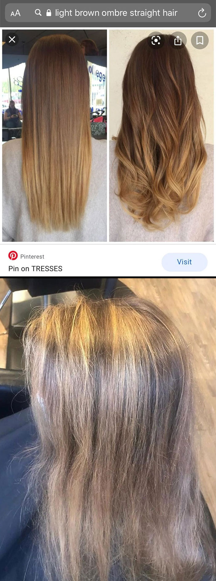 Cabello con efecto ombré claro antes y después, imágenes que muestran resultados imperfectos en salón de belleza.
