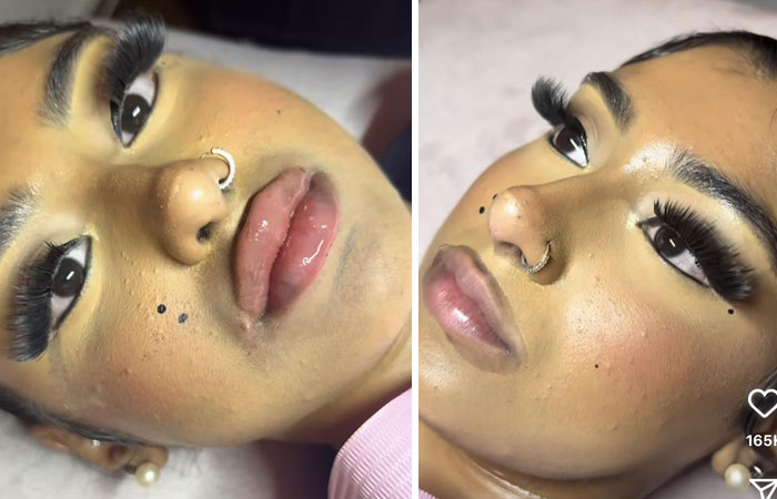 Primer plano de mujer con pestañas postizas mal aplicadas mostrando arrepentimiento tras visita al salón de belleza.