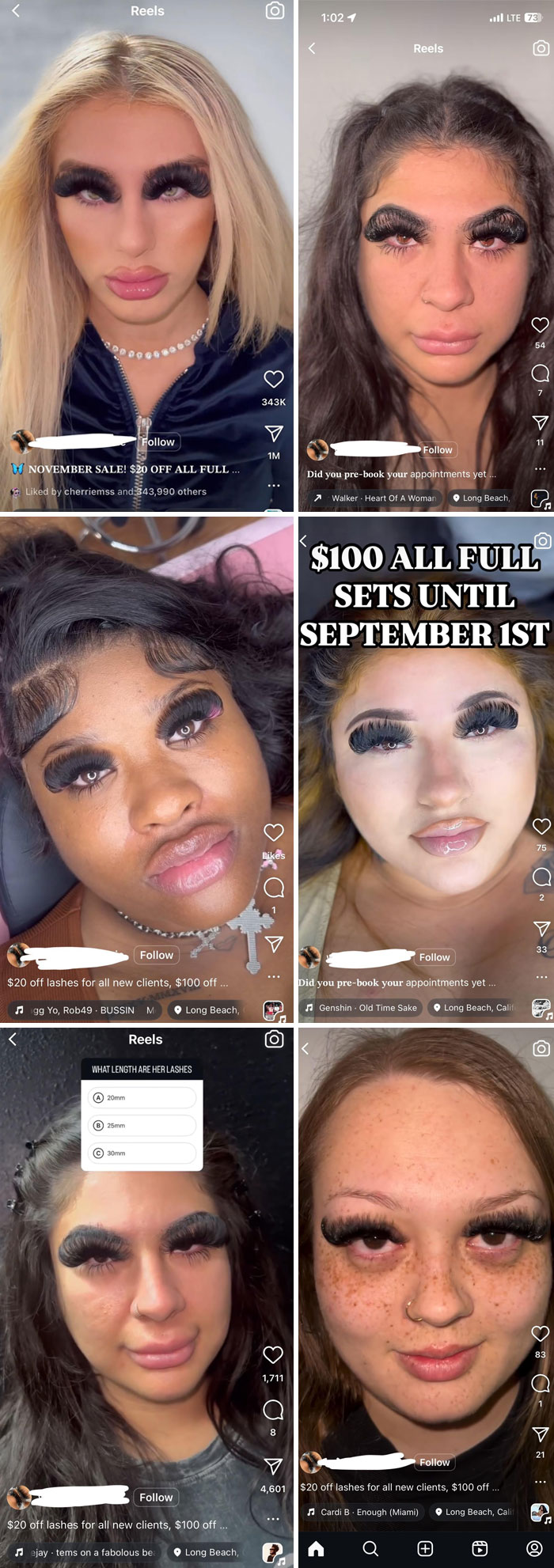 Personas con pestañas postizas exageradas que salieron disgustadas del salón de belleza tras el maquillaje.