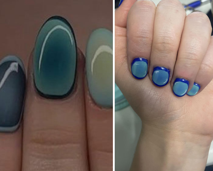 Uñas con esmalte azul y diseño mal aplicado que causó disgusto tras salir del salón de belleza.