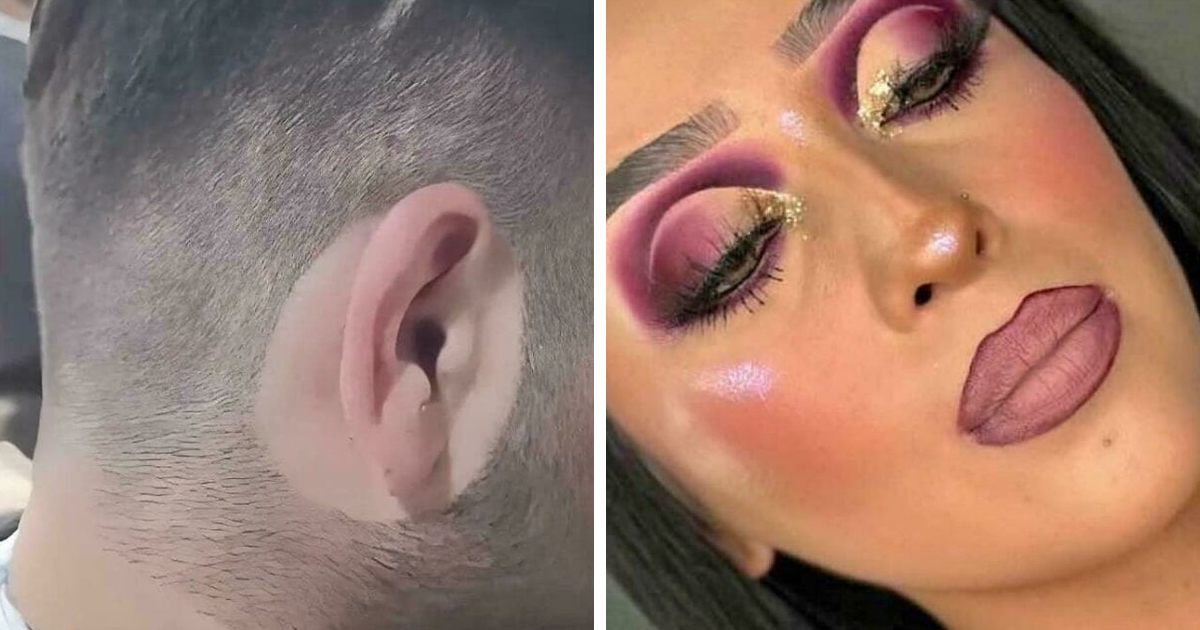 Hombre con corte de cabello mal hecho y mujer con maquillaje exagerado causando arrepentimiento en salu00f3n de belleza.