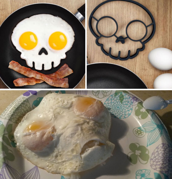 Huevos fritos con forma de calavera y bacon, junto a un molde de silicona, imágenes realmente incómodas y divertidas.