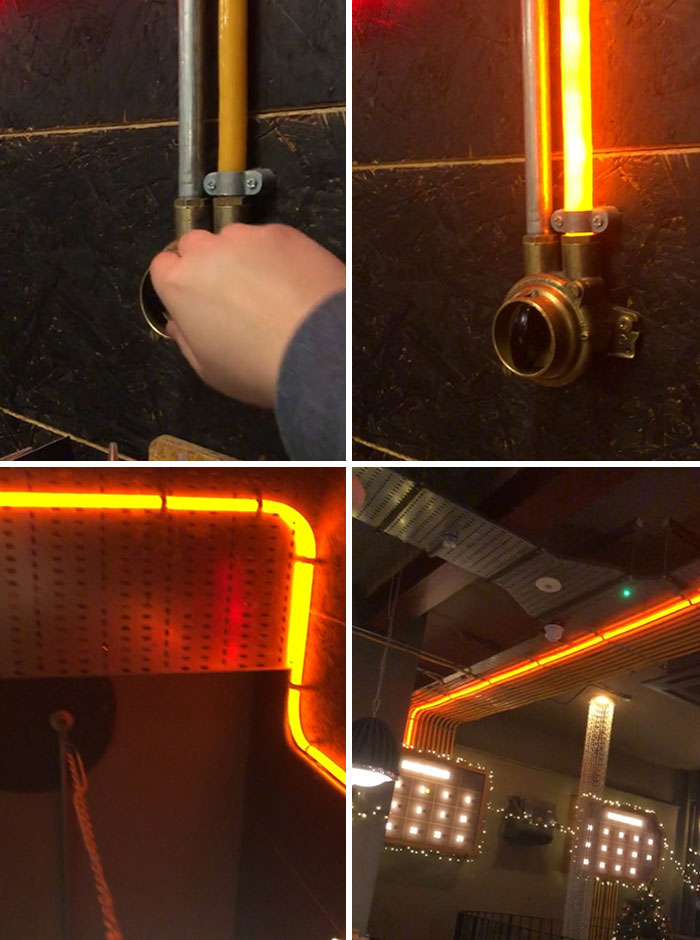 Mano activando luz ingeniosa en tuberías iluminadas con detalles innovadores en espacios cotidianos de diversos países.