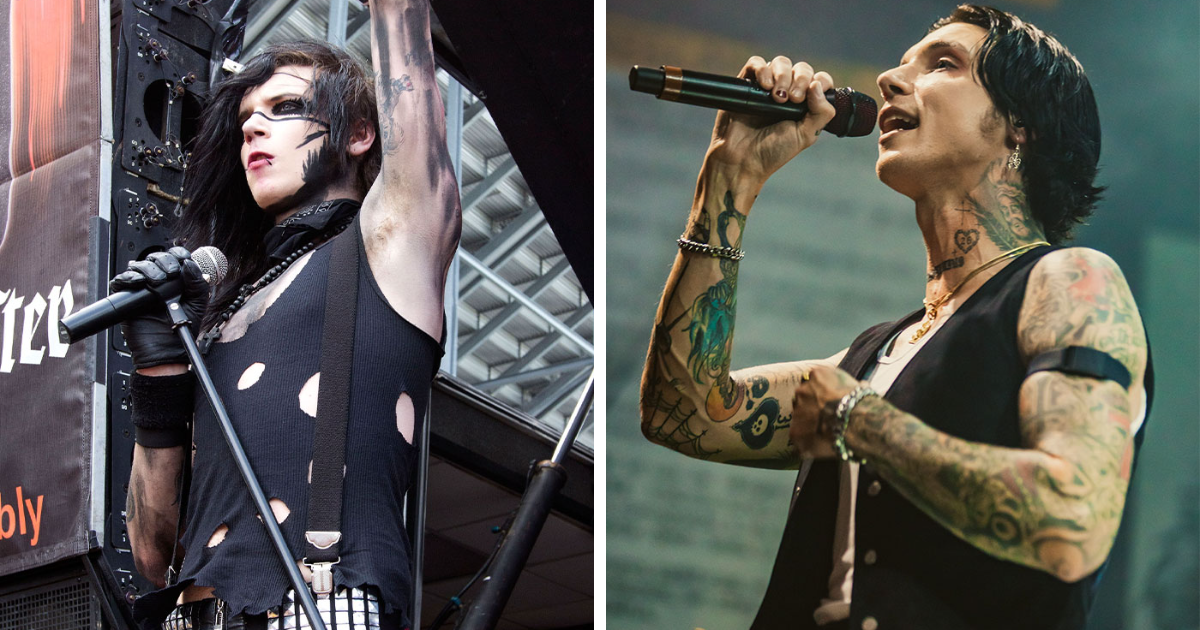 Dos estrellas emo en el escenario, mostrando un cambio dru00e1stico en su apariencia y estilo musical con tatuajes y maquillaje.