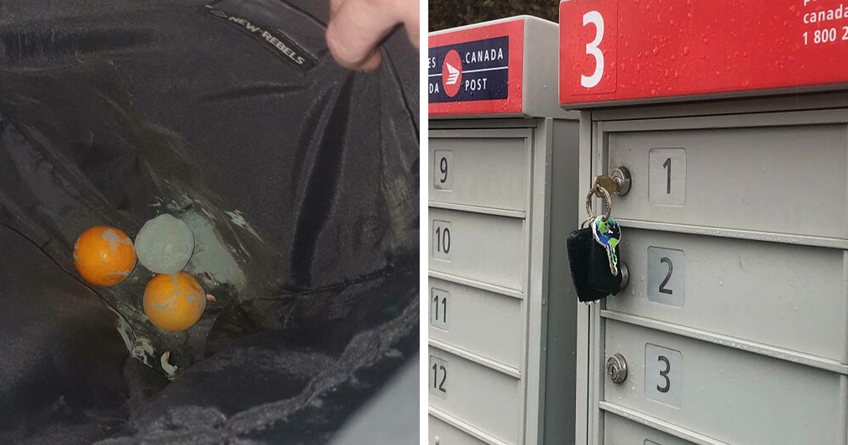 Bolsa con pelotas dau00f1adas por olvido y llaves colgadas en buzu00f3n, mostrando consecuencias de personas que olvidaron algo importante.