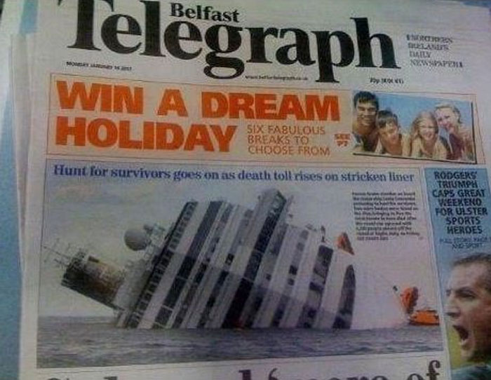 Periódico con error publicitario que muestra un crucero hundido bajo un anuncio de vacaciones, un divertido fallo publicitario