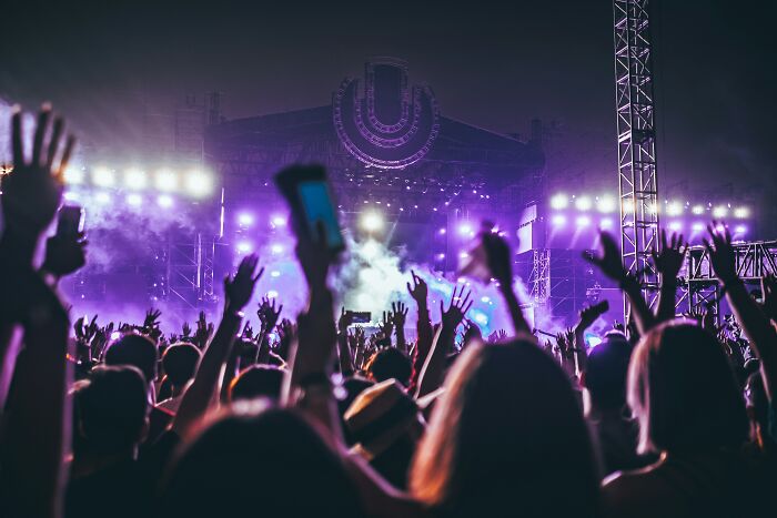 Multitud en concierto con luces y humo, representando personas que ignoraron su intuición y lo lamentaron.