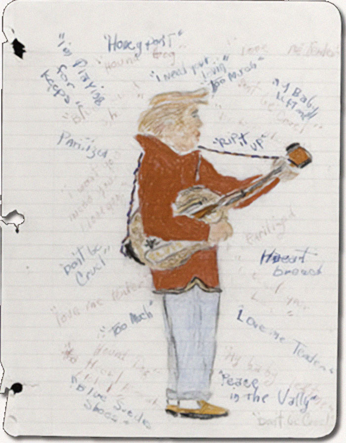 Dibujo a mano de persona tocando guitarra, acompañado de frases y palabras interesantes para compartir.