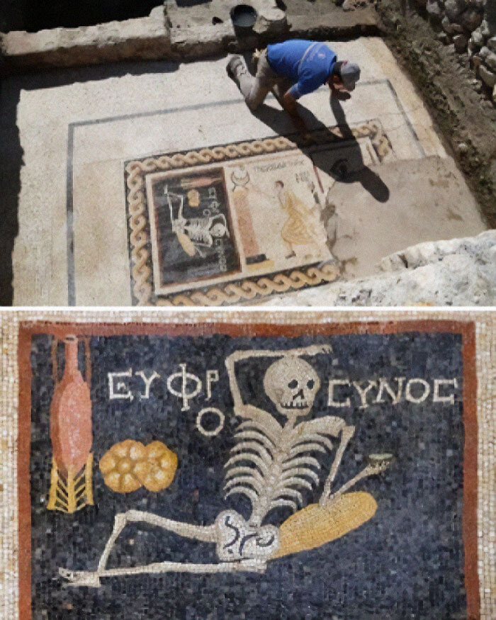 Hombre trabajando en la restauración de un mosaico antiguo con un esqueleto, mostrando cosas interesantes compartidas por la gente.