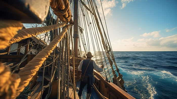 Persona en barco antiguo marinero observa el mar al atardecer simbolizando momentos que cambiaron la historia.