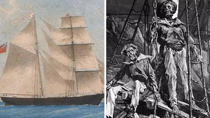 Barco fantasma en el mar y esqueletos en un barco, representando misterios interesantes que aún desconciertan a la gente.