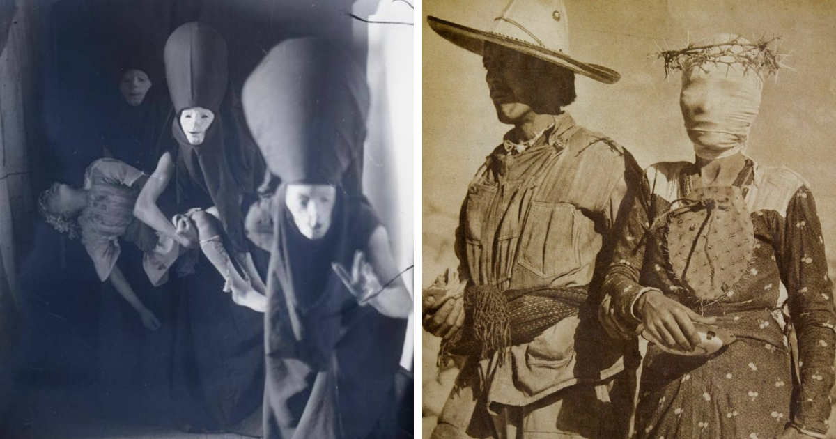 Fotos del pasado con personas en disfraces y mu00e1scaras que resultan increu00edblemente inquietantes y misteriosas.