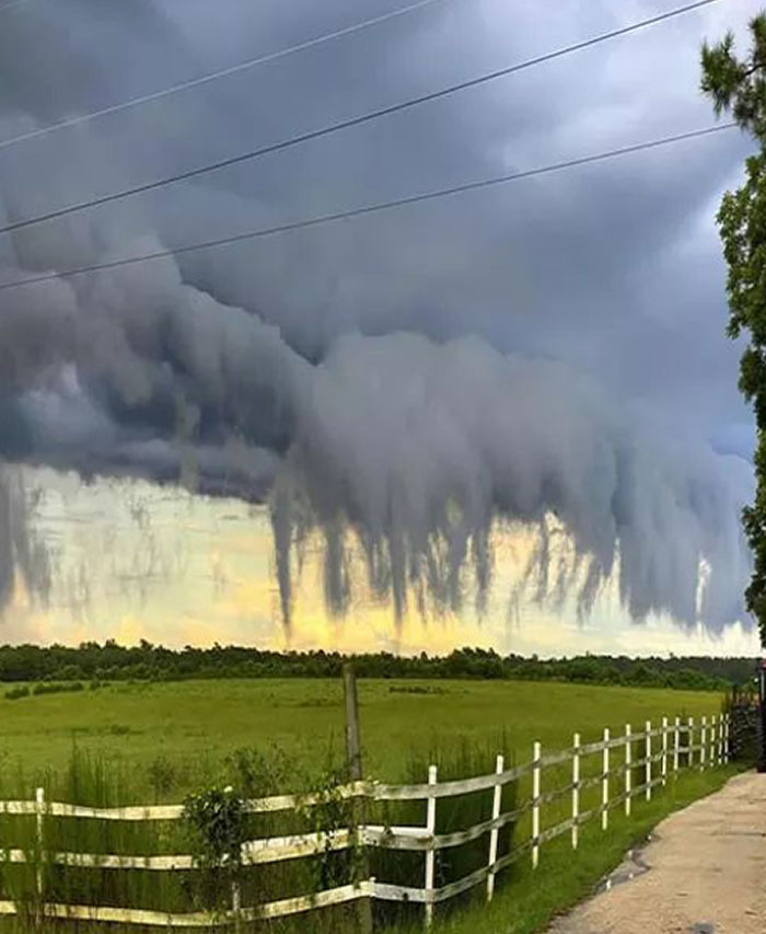 Nubes oscuras colgantes sobre campo verde, creación de la madre naturaleza que inspira miedo por su forma inusual.
