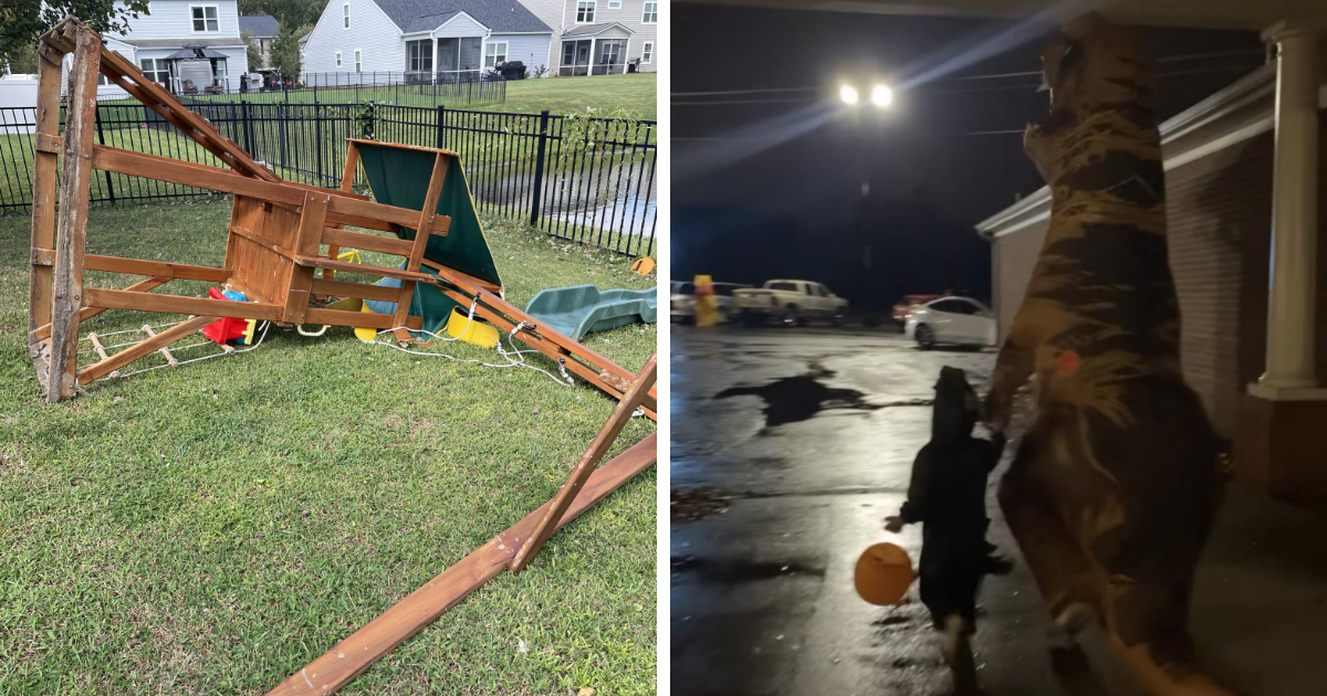 Padre divertido con disfraz de dinosaurio acompau00f1ando a su hijo en el vecindario, momento divertido para padres geniales.
