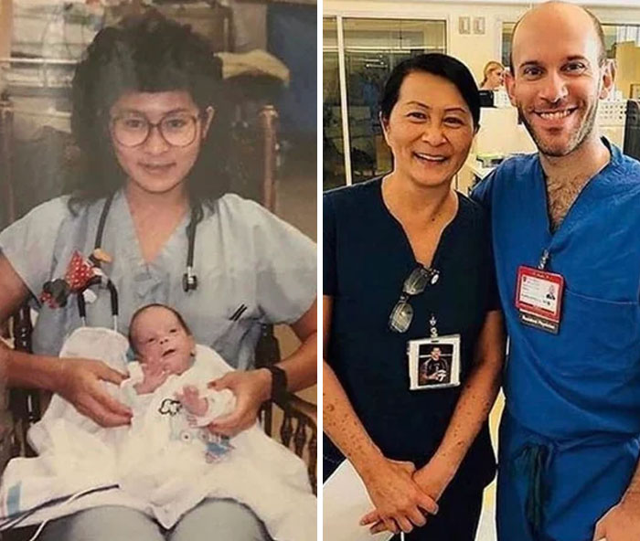 Imagen dividida con una enfermera sosteniendo a un bebé y dos profesionales médicos sonrientes, mensaje reconfortante.