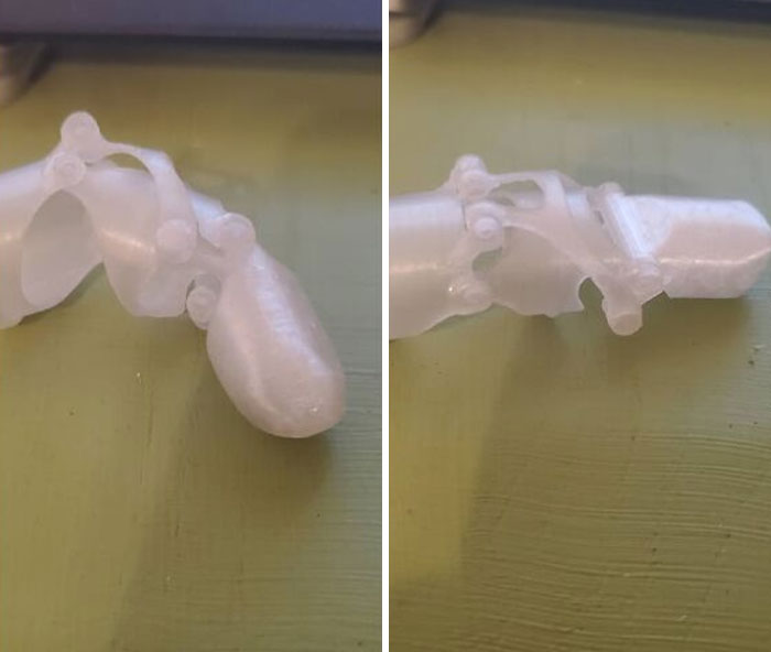 Pieza impresa en 3D para prótesis de mano, destacando una publicación reconfortante para distraerse de horrores actuales.