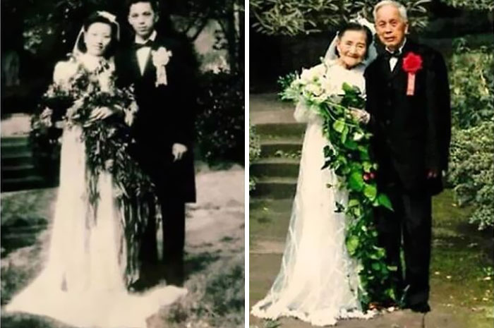 Pareja de novios en fotos antiguas y recientes, representando amor duradero y momentos reconfortantes para distraerte.