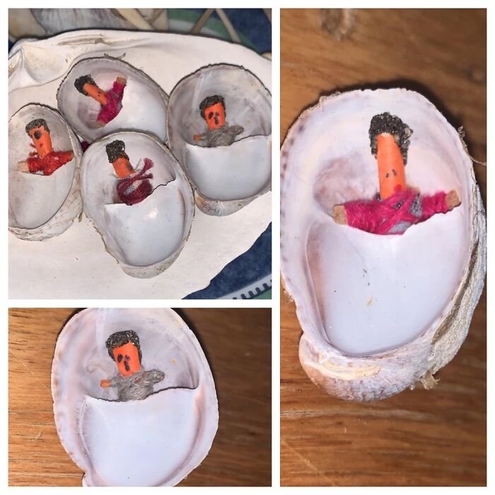 Figuras hechas con conchas y materiales reciclados como publicaciones reconfortantes para distraerte del mundo actual.