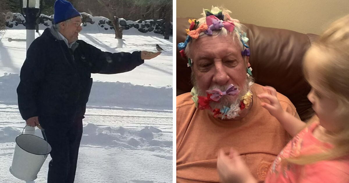 Hombre mayor alimentando un pu00e1jaro en la nieve y abuelo feliz con niu00f1a decorando su barba con lazos, publicaciones reconfortantes.