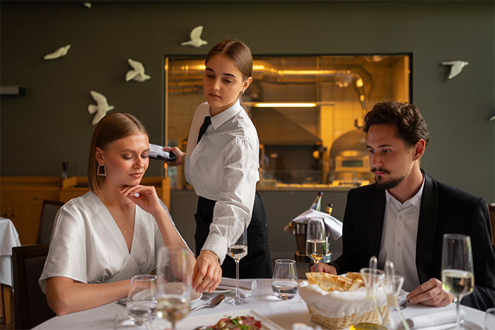 Pareja en cita en restaurante atendida por camarera, ilustrando escenas de citas terribles presenciadas por camareros.