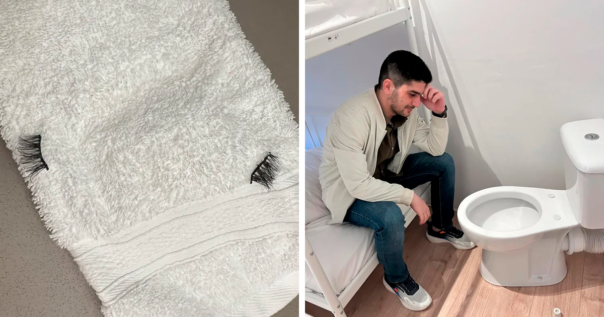 Toalla con pestau00f1as postizas y hombre sorprendido junto a un inodoro en hotel con fallos insu00f3litos en alojamiento