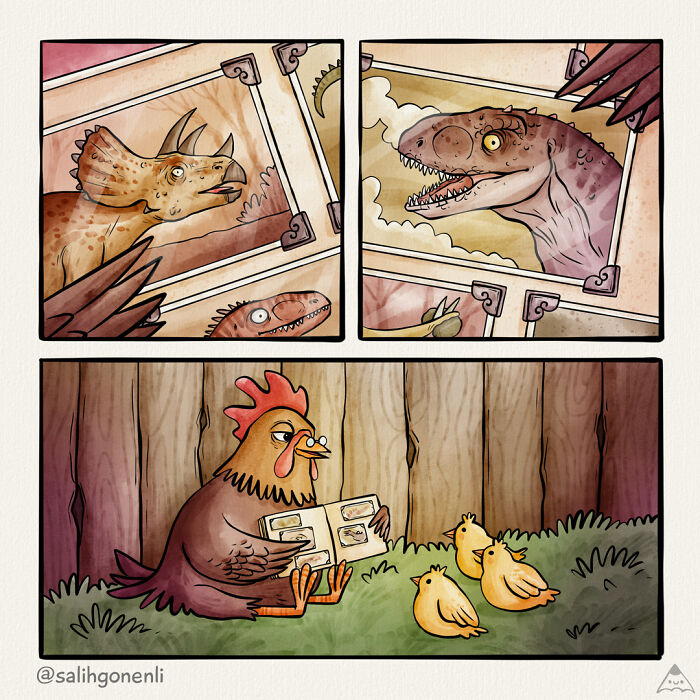 Cómics de animales con dinosaurios y gallinas en estilo ilustración divertida y colores cálidos, diseño de comic animal humorístico.