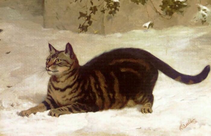 Gato en pintura histórica, con pelaje rayado, mostrando el protagonismo de los gatos a lo largo del tiempo.