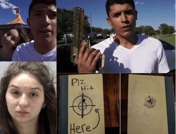 Joven con pistola dorada, mujer con expresión seria, y libro con blanco dibujado en página, mostrando datos curiosos morbosos.