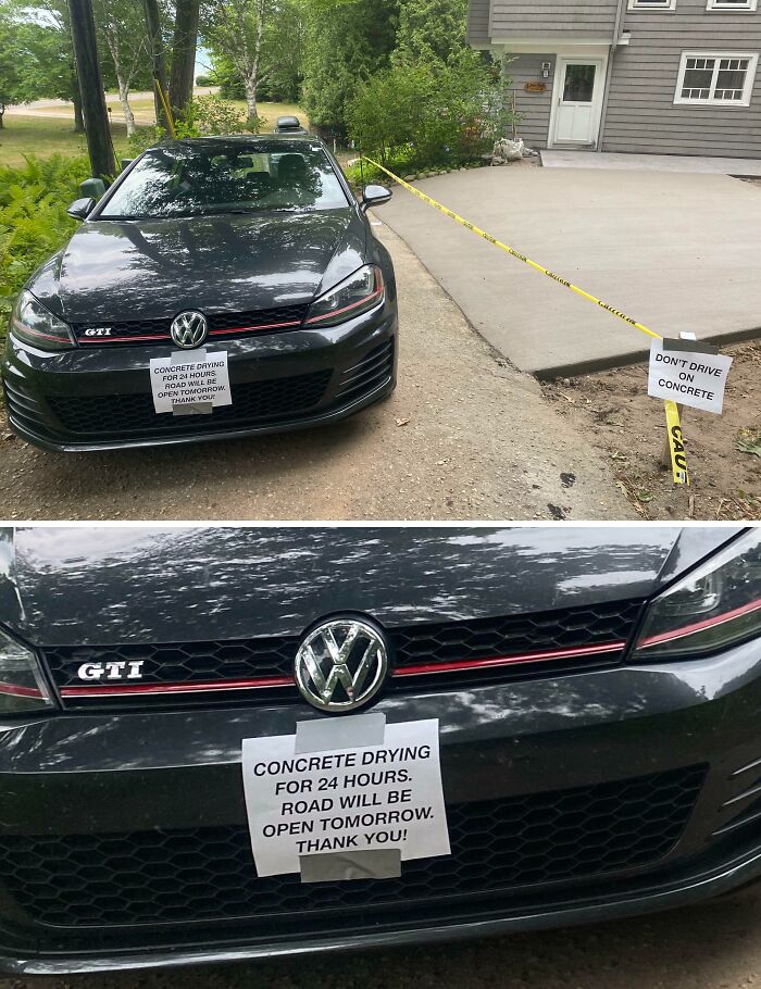 Coche con nota mezquina de vecino sobre secado de concreto y señal de precaución en una entrada residencial.