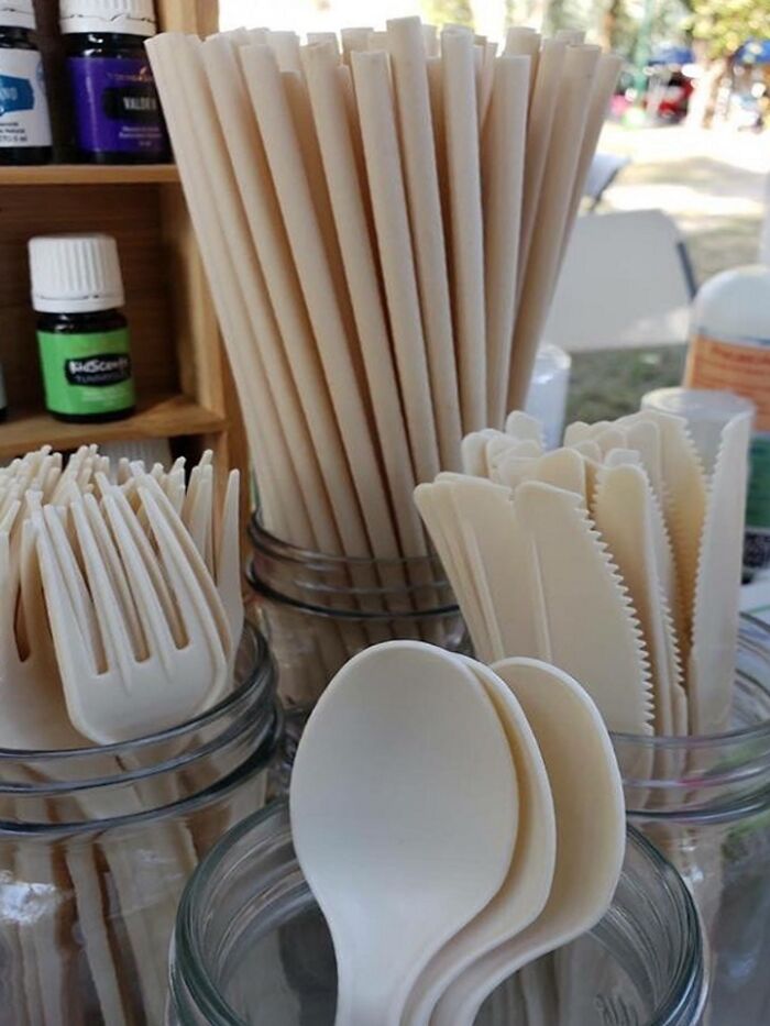 Cubiertos biodegradables de materiales ecológicos en frascos, mostrando datos e historias interesantes de todo el mundo.