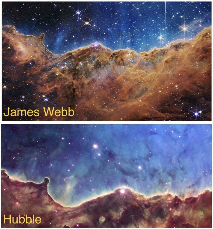 Imágenes del espacio tomadas por James Webb y Hubble mostrando detalles espaciales para datos e historias interesantes.