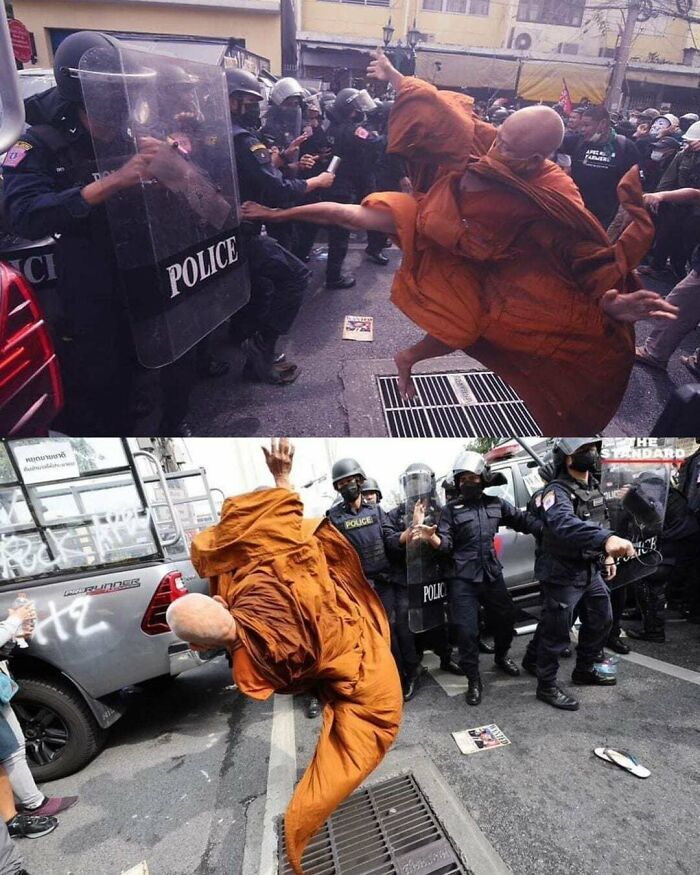 Monje budista realizando salto frente a policías antidisturbios en una protesta, foto destacada en datos e historias interesantes del mundo.
