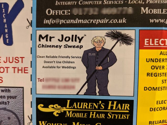 Anuncio divertido de Mr Jolly, barrendero de chimeneas, resaltando fallos publicitarios que cuesta creer por su frase inusual.