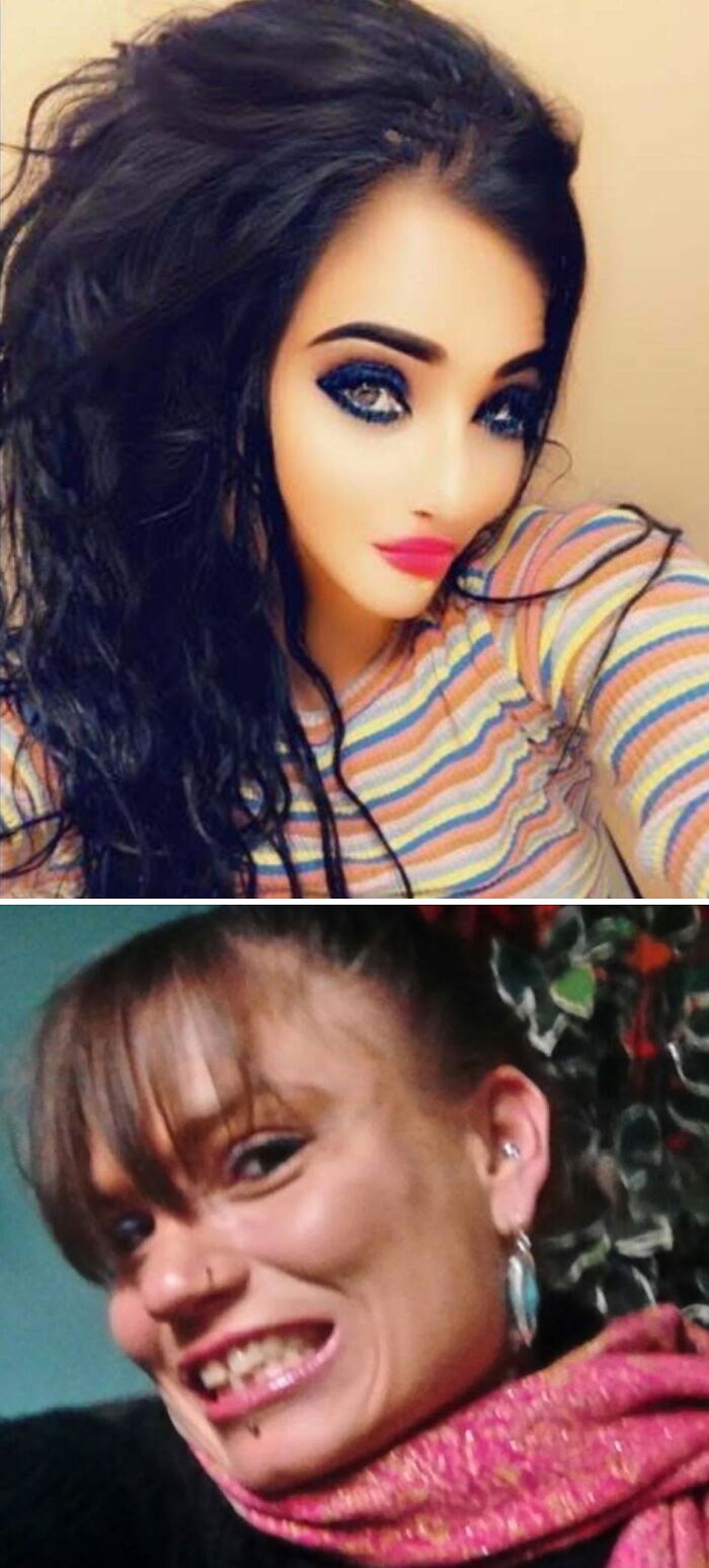 Comparación entre imagen idealizada con filtro y fotografía real sin filtros mostrando colapso de Instagram bajo la realidad.