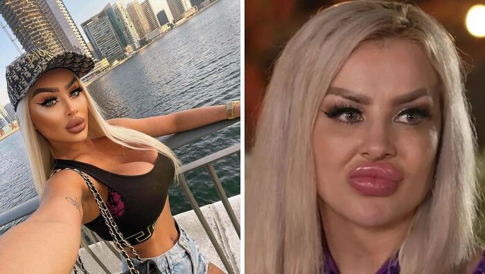 Mujer rubia con maquillaje y labios exagerados, mostrando contraste que refleja momentazos de Instagram colapsando la realidad.