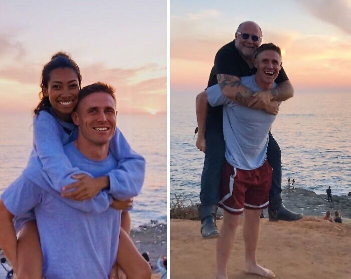 Parejas y amigos disfrutando de fotos divertidas de las vacaciones de verano junto al mar al atardecer.
