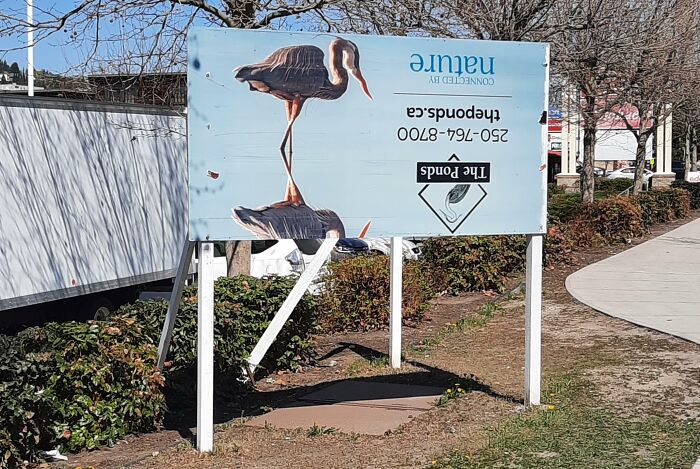Cartel publicitario colocado al revés en un parque, ejemplo divertido de fallos publicitarios difíciles de creer.