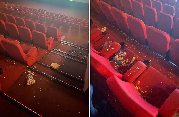 Personas prepotentes dejando basura en butacas de cine, mostrando falta de respeto y siendo avergonzadas en internet.