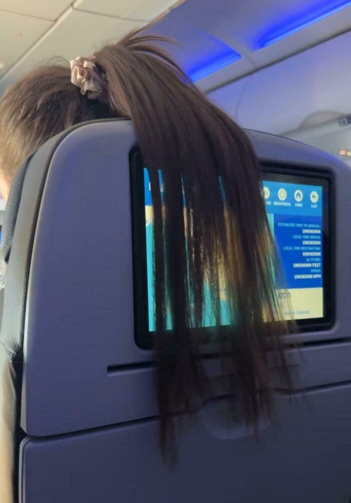 Persona prepotente arreglando su cabello sobre la pantalla del asiento en un avión, mostrando falta de respeto en internet.