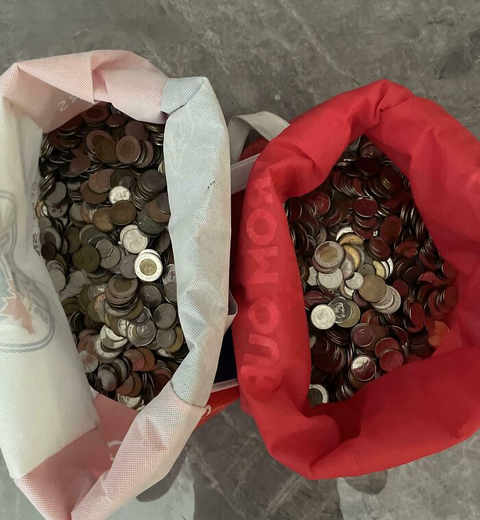 Bolsas con monedas diversas mostrando acumulación, concepto relacionado con personas prepotentes en internet.