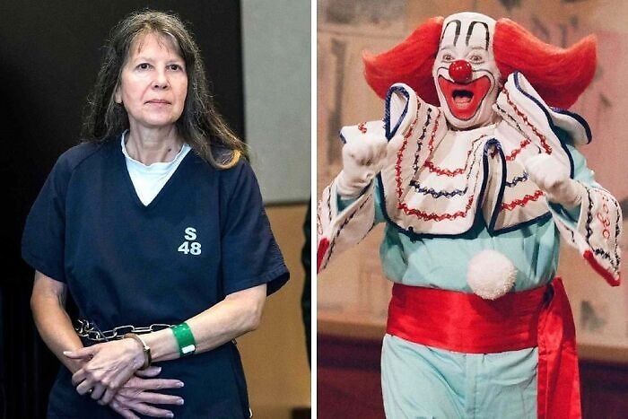 Mujer con uniforme de prisionera y payaso vestido con traje colorido, representando datos curiosos morbosos no aptos para cardíacos.