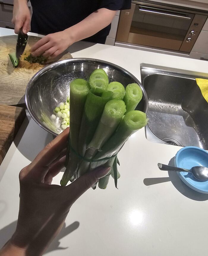 Mano sosteniendo cebollines frescos mientras otra persona los corta en una cocina, mostrando ejemplos de hermano con derecho. Mano sosteniendo cebollines frescos mientras otra persona los corta en una cocina, mostrando ejemplos de hermano con derecho.