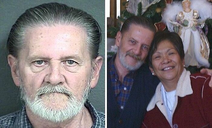 Hombre de cabello canoso en foto policial y pareja sonriente frente a árbol de Navidad, datos curiosos morbosos para cardíacos.